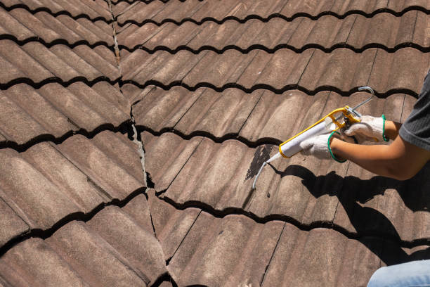 istock Worker man using silicone sealant adhesive  to fix crack of the old tile roof. 2154836488