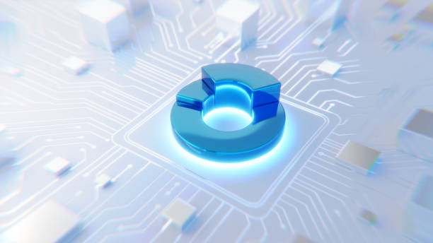Round diagram 3d symbol on an abstract circuit board. Zoom in and lens distortion effect