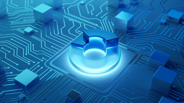istock Glowing round diagram 3d symbol on an abstract circuit board 2154837353