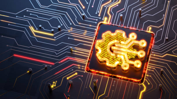 istock Digital technology concept. Glowing gears 3d symbol on the abstract circuit board with light trails as data streaming symbol 2154837359