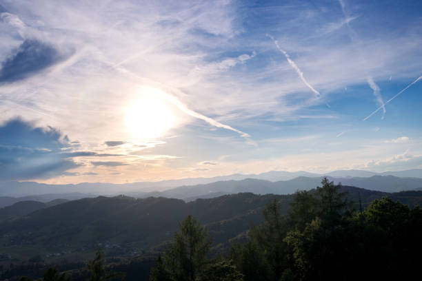 Recreation area in the mountains, Panoramic views of the mountains, the city. Austria, Styria. View from the Furstenstand mountain
