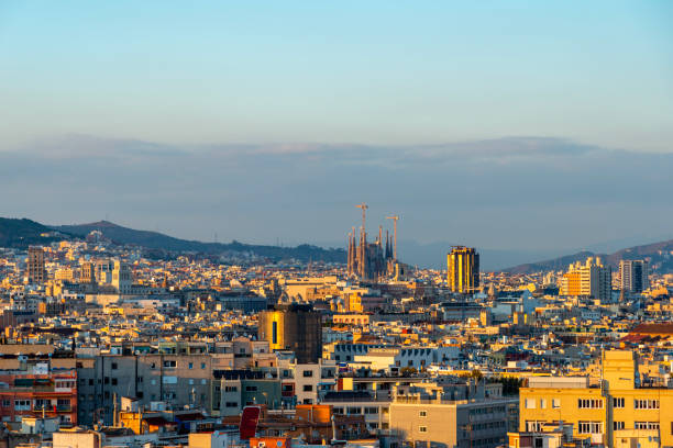 Barcelona panoramic cityscape at sunset. High angle view.