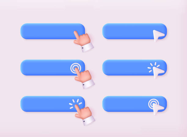 satz von 3d-tasten mit handzeigerklick. navigationssuche für webbrowser. 3d-web-vektor-illustrationen. - stereoskopische photographie stock-grafiken, -clipart, -cartoons und -symbole