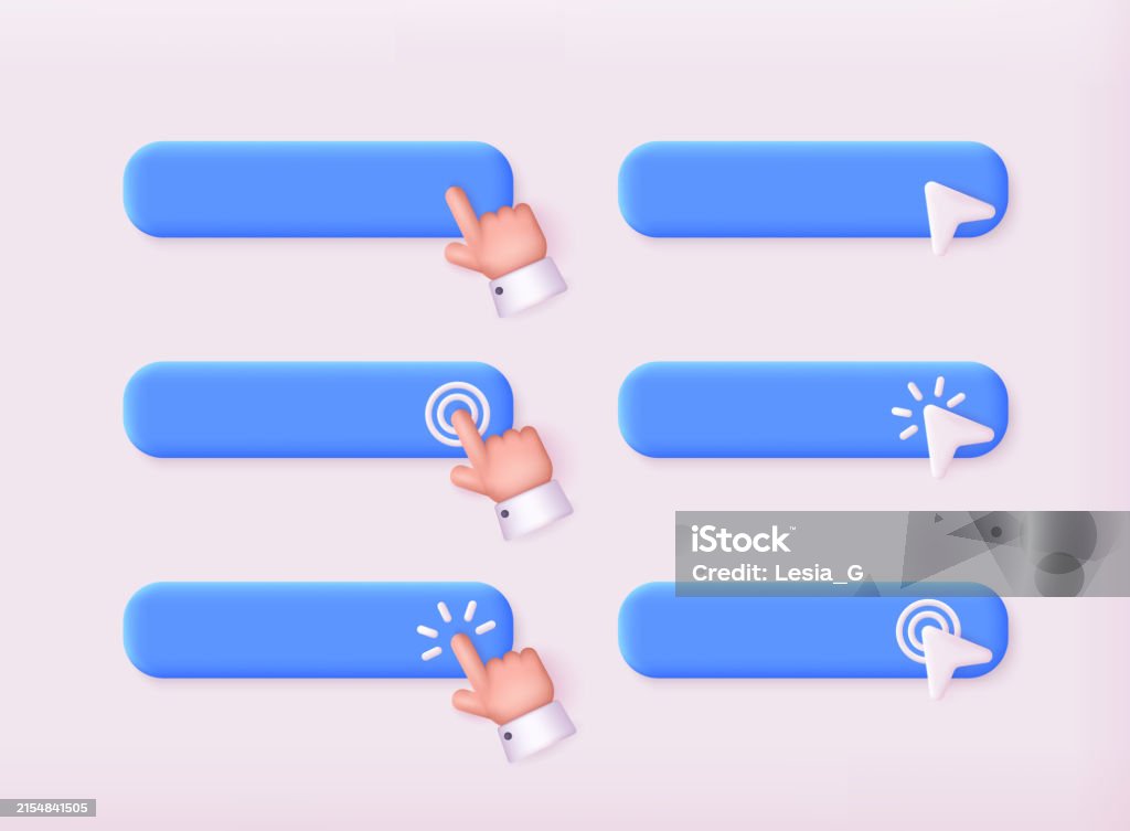 Set Of 3d Buttons With Hand Pointer Clicking Navigation Search For Web ...