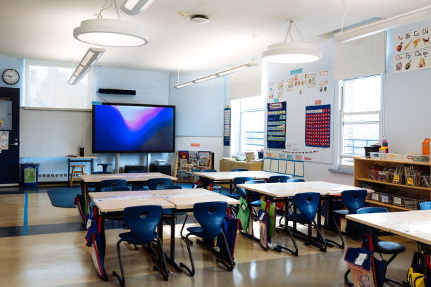 istock Empty modern classrooms in primary school in USA 2154842067
