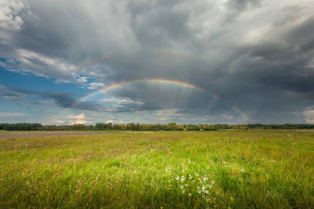 Two rainbow over agricultural field with beautiful blue sky