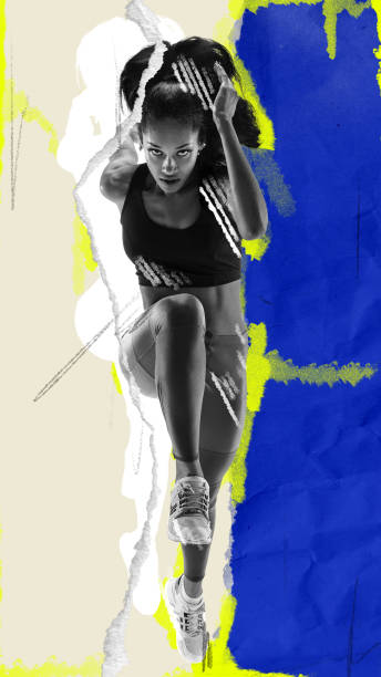 Competitive and concentrated woman, runner in motion, competing at marathon. Abstract background. Contemporary art collage.