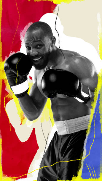 istock Determined and focused man with muscular body, boxer standing in globes, training boxing activity. Abstract background. Contemporary art collage. 2154848428