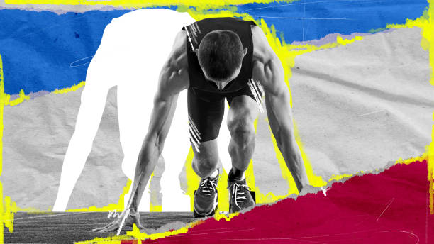 istock Muscular man standing on starting line and ready to run, taking part in running marathon. Contemporary art collage. 2154848464