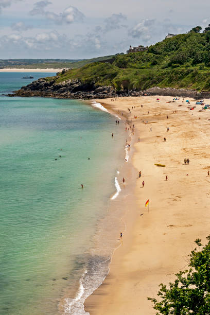 View across porthminster Beach, St Ives, Cornwall, UK.  People can be seen on the beach