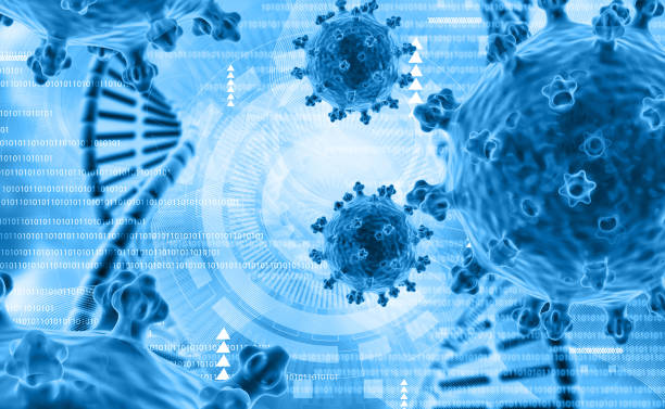 istock Virus with dna strand blue color background 2154850900