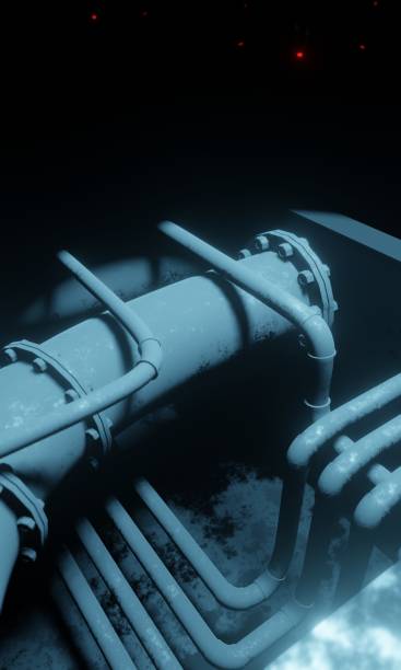 istock Steel pipe lines under floor in dark scene 2154851249