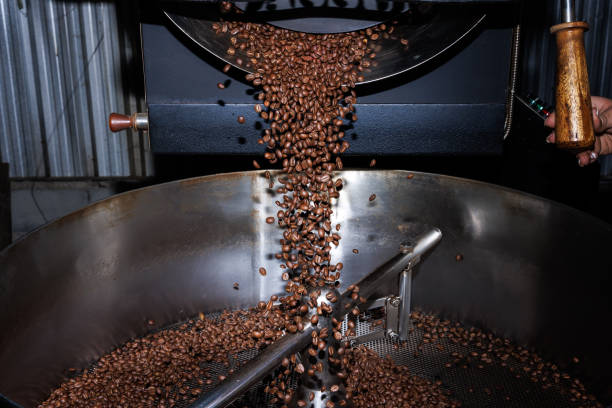 istock roasted coffee beans falling in a spinning roaster mashine 2154853968