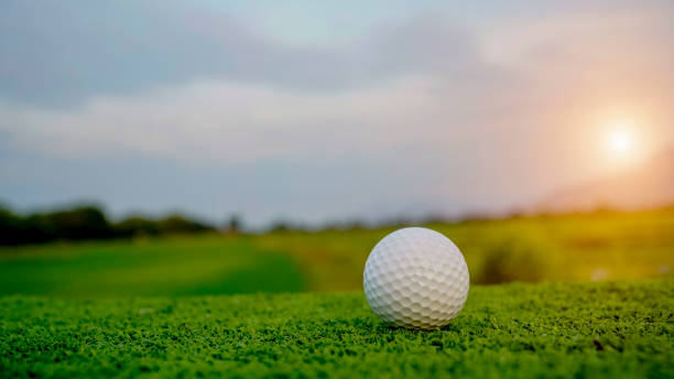 istock Golf ball on green grass in the evening golf course with sunshine background. 2154855538