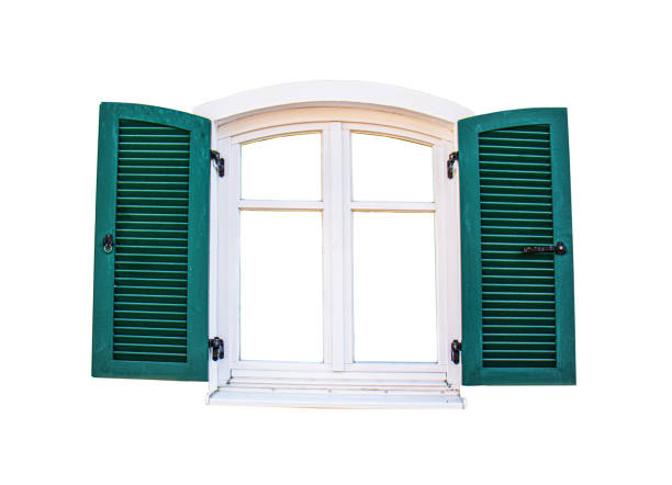 istock open window with green wooden shutters on white background 2154858420