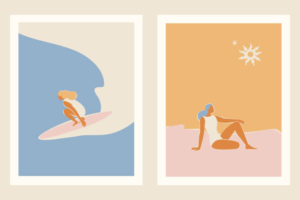 istock Vector illustration in flat style, summer banner and print, summer and vacation vibes, girl surfing on the wave in the ocean 2154859707