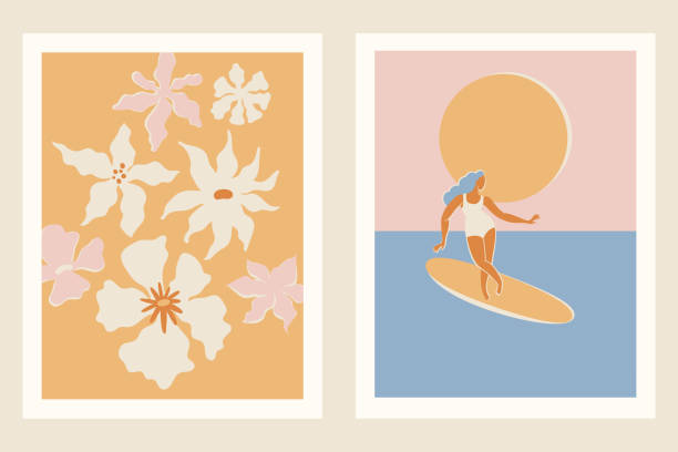 istock Vector illustration in flat style, summer banner and print, summer and vacation vibes, girl surfing on the wave in the ocean 2154859968