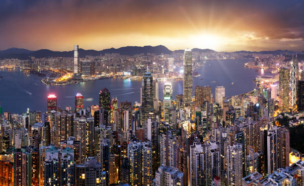 istock Hong Kong at dramatic sunset, China skyline - aerial view 2154862265