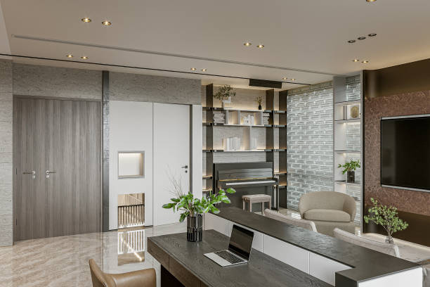 istock 3d rendering of living room with working corner 2154867243