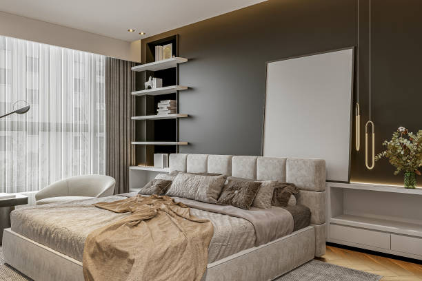 istock 3D rendering, elegant and modern bedroom design with big bed 2154867246