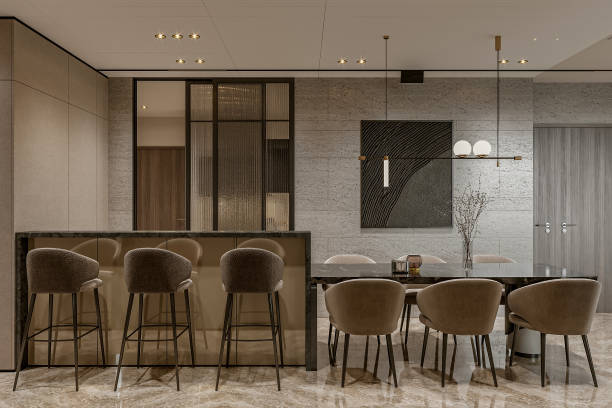 istock Modern dining room with dining table and seats, and gray slat wall with a painting frame. 2154867917