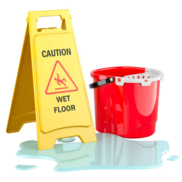 istock Puddle with plastic bucket and Caution Wet Floor Sign, 3D rendering 2154868298