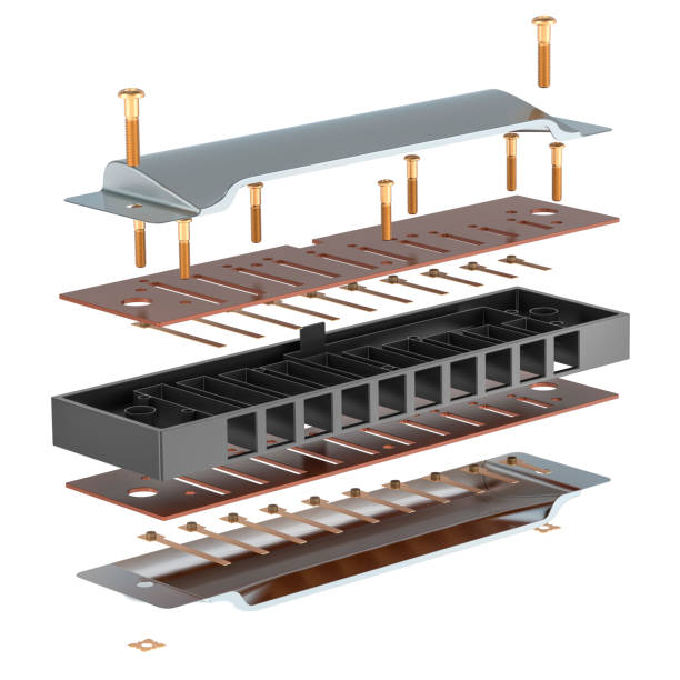 Parts of a Harmonica, disassembled blues harmonica. 3D rendering isolated on white background