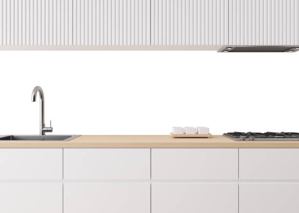 istock Modern kitchen splashback mockup. Kitchen furniture and blank white isolated backwall ready to insert picture, print. Minimalist design. Back wall mock up, template. Countertop and upper cabinets. 3D. 2154869488