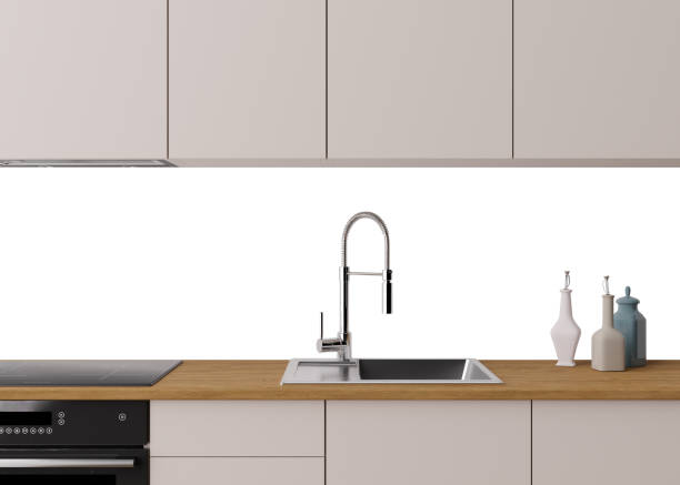 istock Modern kitchen splashback mockup. Kitchen furniture and blank white isolated backwall ready to insert picture, print. Minimalist design. Back wall mock up, template. Countertop and upper cabinets. 3D. 2154869492