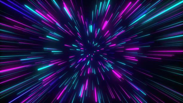 istock Glowing Abstract Background with Colorful Rays Neon lines zoom purple violet and blue 2154873323