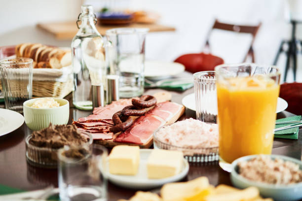 istock Closeup of continental breakfast on table in cafe 2154876774