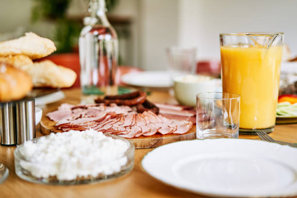 Close-up shot of continental breakfast table