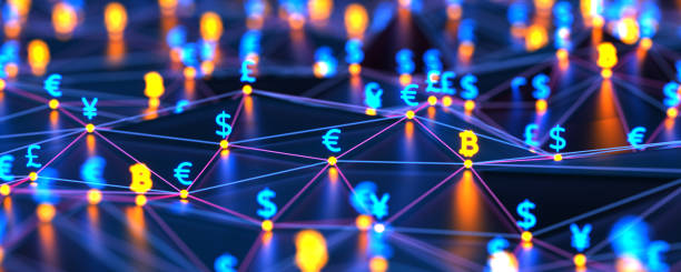 istock Futuristic digital nodes background with money signs. Blockchain connections technology and digital network. Bitcoin, dollar, euro, pound and yen signs glowing on the connection dots background. Security money concept. 2154880425