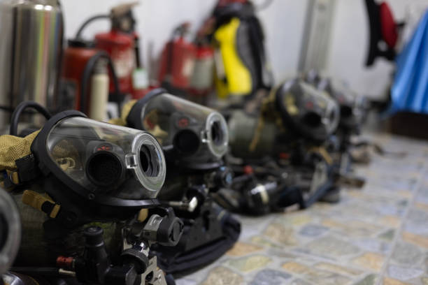 Various equipment is used for extinguishing fires and fire warning system equipment for emergencies. fire mask, Firefighting suit, and  fire extinguisher