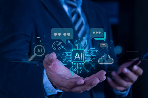 istock Businessman show virtual graphic Global Internet networks with AI. Chat with AI. Using command prompt for generates something, Futuristic technology transformation. 2154895197