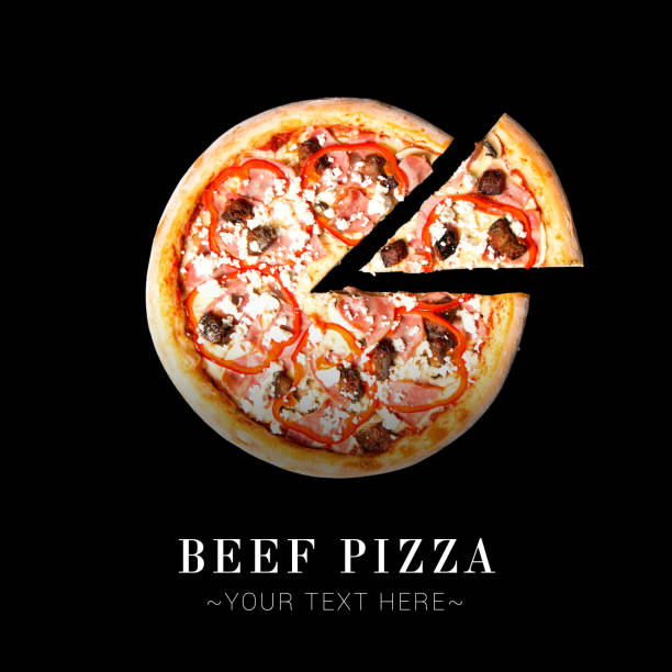 Directly above of traditional Italian meat pizza with beef, bacon, mozzarella cheese, bell pepper rings isolated on black background with text and copy space. Slice of pizza near whole dish