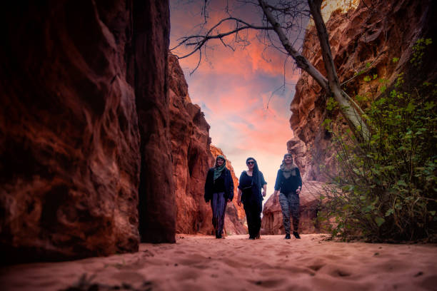 Three girls walking through the desert