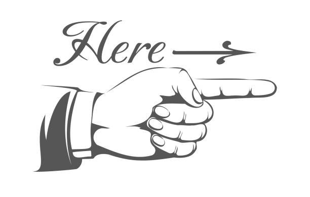 Retro hands arrow. Vintage direction pointer symbol, hand with pointing finger and wording here drawn in retro engraving style isolated vector illustration