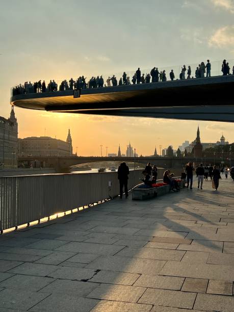 Moscow, Russia - September 30, 2023: People on Floating Bridge over Moscva River