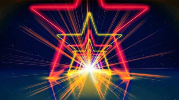 istock Flight movement through arcade of glowing neon tunnel, corridor, star. Abstract geometric background, flying in cyberspace. Red yellow gold neon arch, perspective. Bright golden glow. Design element 2154902382