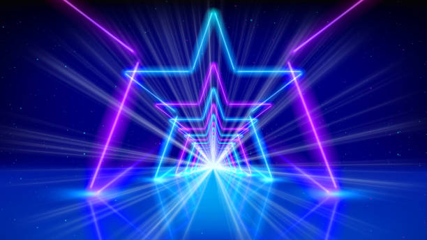 istock Flight movement through arcade. Glowing neon tunnel, corridor, star. Abstract geometric background, flying in cyberspace. Pink blue purple neon arch, perspective. Ultraviolet glow. Design element 2154902388