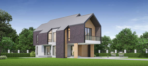 istock Modern house exterior day light with lawn grass.3d rendering 2154903478