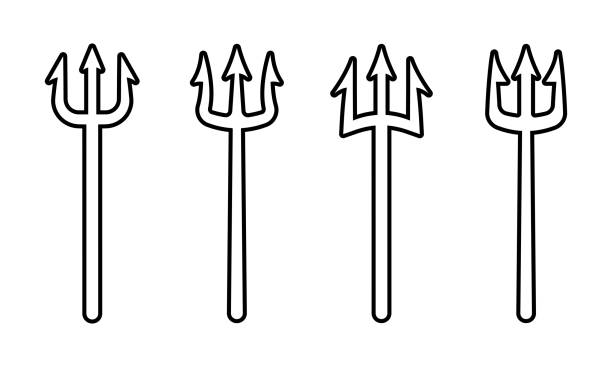 Set of linear trident devil or satan vector icons. Pitchfork Poseidon or Neptune. Set of linear trident devil or satan vector icons. Pitchfork Poseidon or Neptune. Symbol hell and evil. cartoon of the devils pitch fork stock illustrations