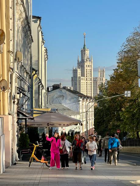 Moscow, Russia  - September 16, 2023: People exploring beautiful Moscow streets