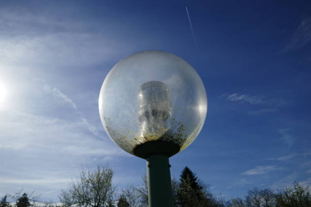 Street lamp outdoors with globe shape against clear blue sky