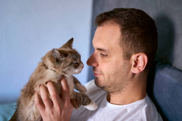istock a  young man pet a cat in bed, morning routine 2154906945