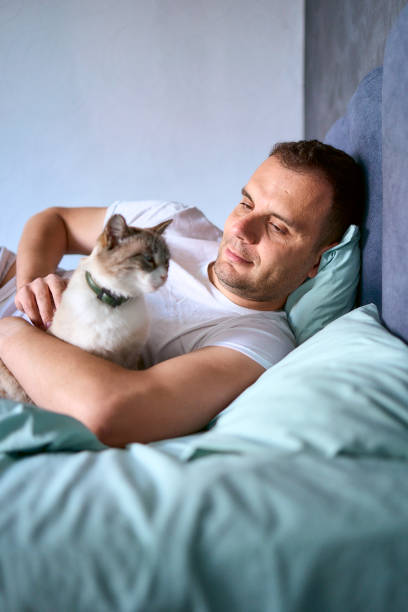 istock a  young man pet a cat in bed, morning routine 2154906949