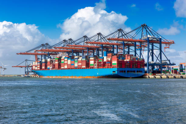 Antwerp, Belgium 31 May 2021 Panoramic view of harbor cranes and container ships in the largest dock of the port of Antwerp. Huge container vessel in the harbor