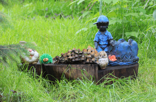 mushrooms on a stump and garden decorations