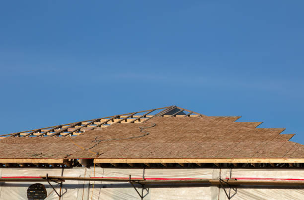istock roof in construction site plywood frame on blue sky 2154914189